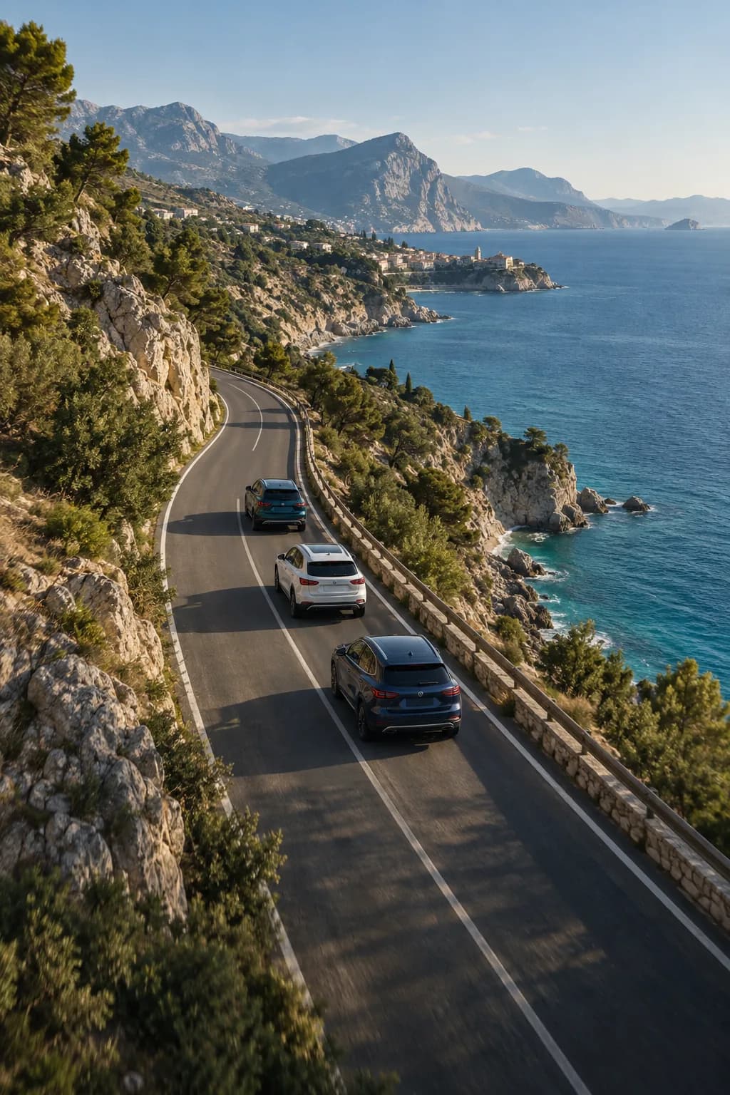 Three cars travelling along a coastal road; illustrative image
